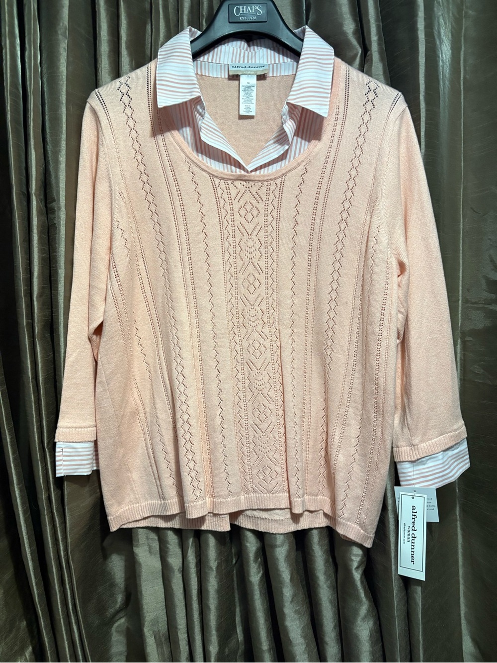 Alfred Dunner Peach Knit Sweater with Striped Shirt Trim #2001